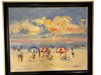 tableau représentant un groupe de personnes marchant sur une plage avec des parasols