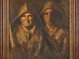 a painting of two men in hoodeds, one wearing a hoodie and the other wearing a hoodie