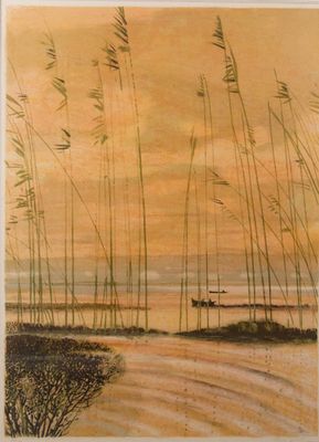 une image représentant un tableau représentant une scène de plage avec de hautes herbes