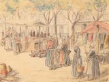 a drawing of a street market with people walking around