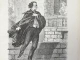 an old book with a drawing of a man in a cape