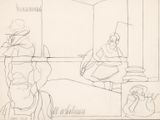 drawing of a group of people in a room with a man sitting at a table