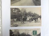 three pictures of people riding horses and carriages on the road