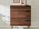 a close up of a dresser in front of a wall with a picture on it