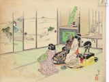 an old picture of a woman sitting on the floor in front of a window