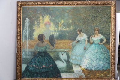 un tableau représentant un groupe de femmes en robe au bord d'un étang