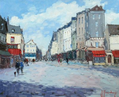 peinture d'une scène de rue avec des personnes marchant dans la rue
