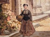 painting of a woman walking down a cobblestone street with a basket of flowers in her hand