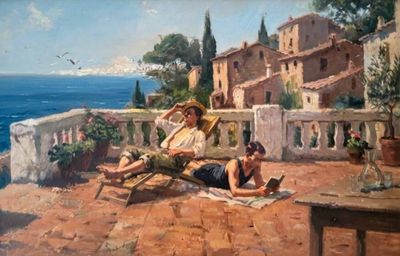 un tableau représentant un homme et une femme assis sur une terrasse