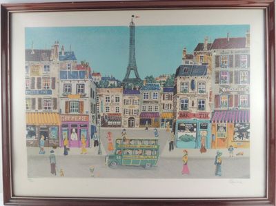tableau représentant une scène de rue en ville avec un bus et des passants