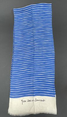 a blue and white towel with a white stripe on it