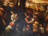 painting of a group of people gathered around a tree in a field