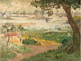 an image of a painting of a view of a town from a hill