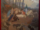 un tableau représentant une crèche avec des anges et des moutons