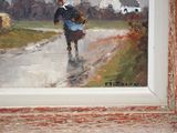 a painting of a woman walking down the road