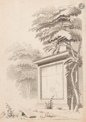 un vieux dessin représentant un bâtiment avec un arbre devant