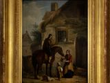 une image représentant un tableau où l'on voit un homme et une femme avec un cheval devant une maison