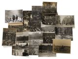 several old black and white photographs of people and horses in a field