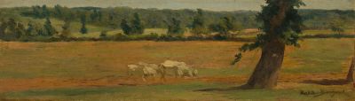 un tableau représentant des vaches paissant dans un champ près d'un arbre