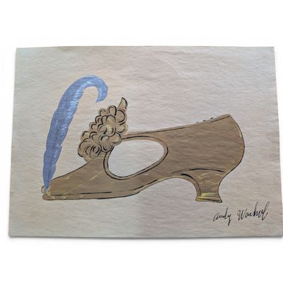 drawing of a pair of shoes with a blue feather on the heel