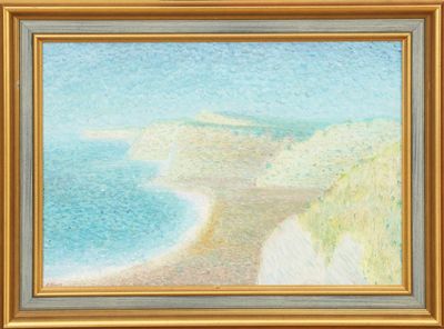une image représentant un tableau représentant une vue sur une plage et une falaise