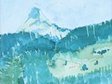 une aquarelle représentant une montagne au loin