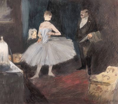 tableau représentant un homme et une femme dans une pièce où se trouve un tableau représentant une ballerine