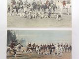 two pictures of a group of people on horses and dogs
