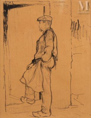 drawing of a man standing in front of a door with a coat on