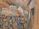 a painting of a group of people walking down the street