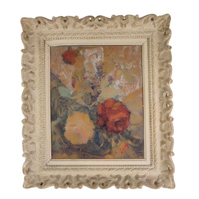 an oil painting of flowers in a white frame on a white background