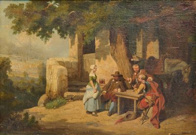 tableau représentant un groupe de personnes jouant aux dames