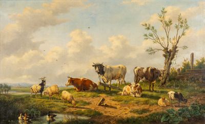 un tableau représentant un troupeau de vaches et de moutons dans un champ