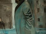 a painting of a man walking down the street