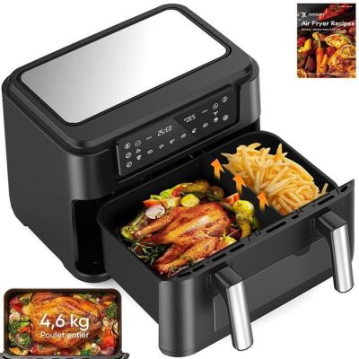 une photo d'une friteuse à air chaud noire avec un plateau rempli d'aliments