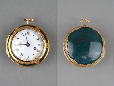 three different views of a gold and green clock with roman numerals and roman numerals