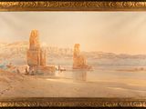 an image of a painting of a desert scene with people on the beach