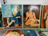 three paintings of a woman sitting on a bed in a room
