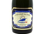 bottle of champagne on a white background with a blue label