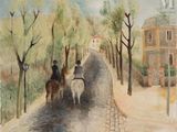 a painting of two people riding horses down the street