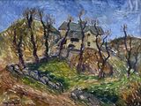 une peinture à l'huile représentant une maison sur une colline, avec des arbres au premier plan