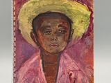 tableau représentant un homme noir coiffé d'un chapeau de paille sur fond rose