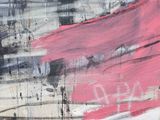 abstract painting of a red umbrella with a black and white background