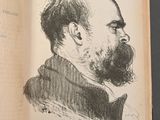 an open book with a drawing of a man with a beard