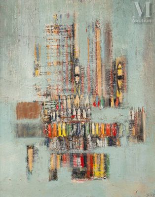 l'image d'une peinture représentant un paysage urbain avec des bâtiments à l'arrière-plan