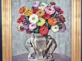 a painting of flowers in a vase on a table