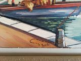 a painting of a dog sitting on a boat in the water