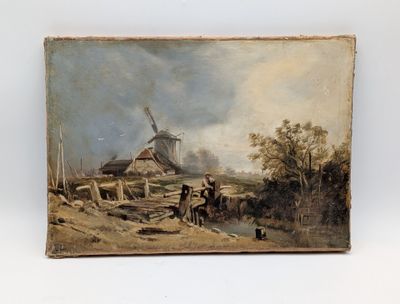 un vieux tableau représentant un moulin à vent, avec un homme à cheval au premier plan