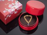 une boîte rouge avec une chaîne en or et un pendentif en forme de cœur à l'intérieur