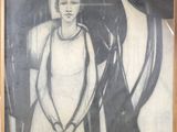 painting of a woman in a white dress standing next to a black and white horse